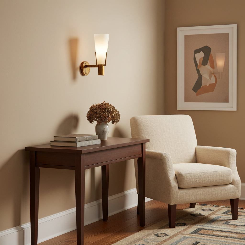 Stilnovo Wall Lamp - Antique Brass Trident Sconce | Opaque Glass Globe Wall Light
