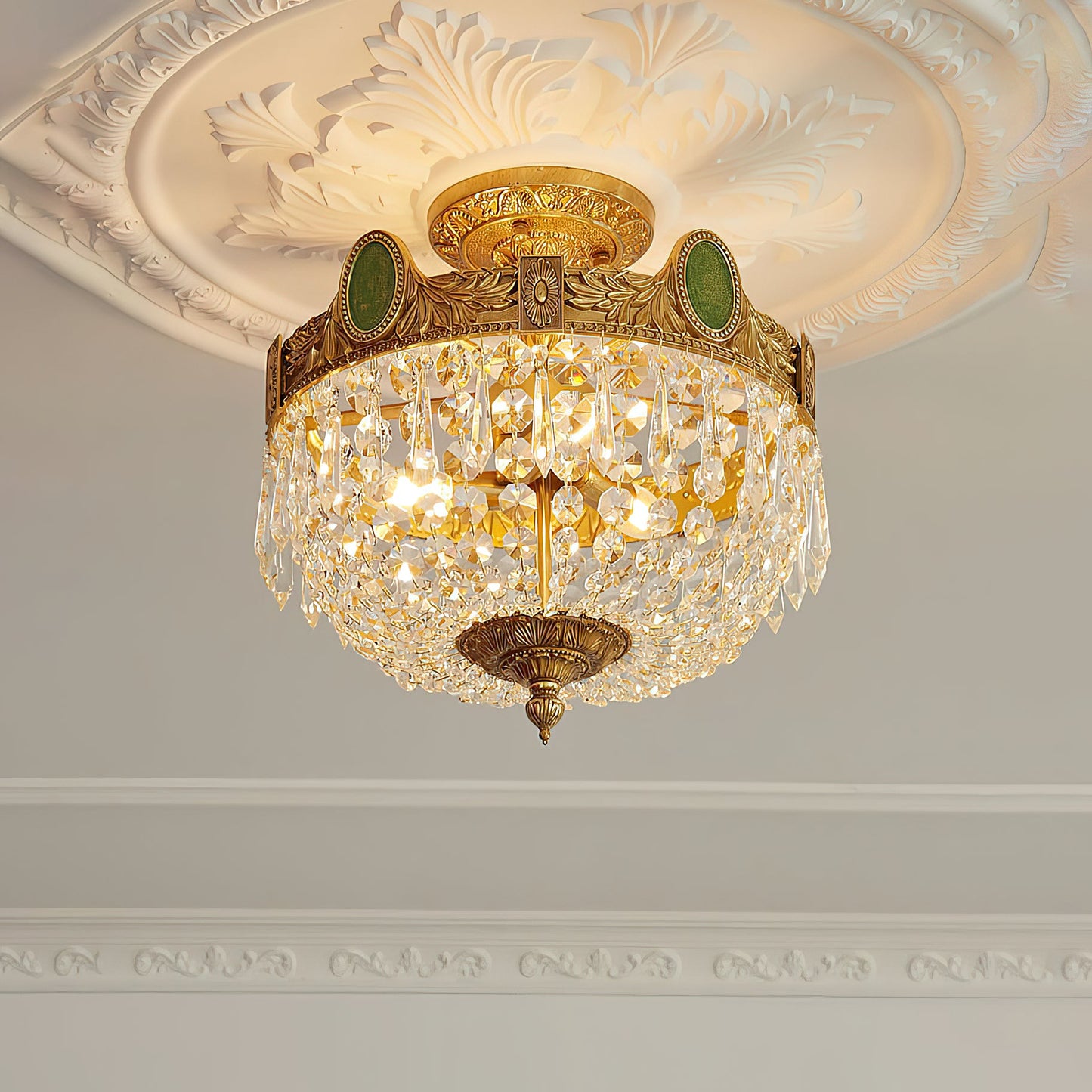 Stinnett Ceiling Lamp - Satin Brass & Crystal Glass 3-Light Flush Mount | Modern Overhead Ceiling Light