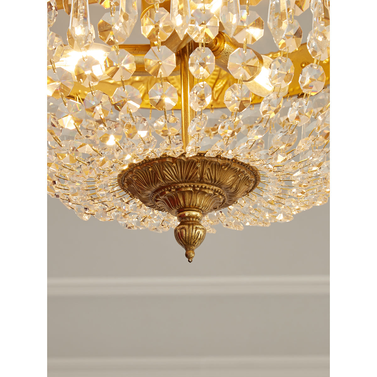 Stinnett Ceiling Lamp - Satin Brass & Crystal Glass 3-Light Flush Mount | Modern Overhead Ceiling Light