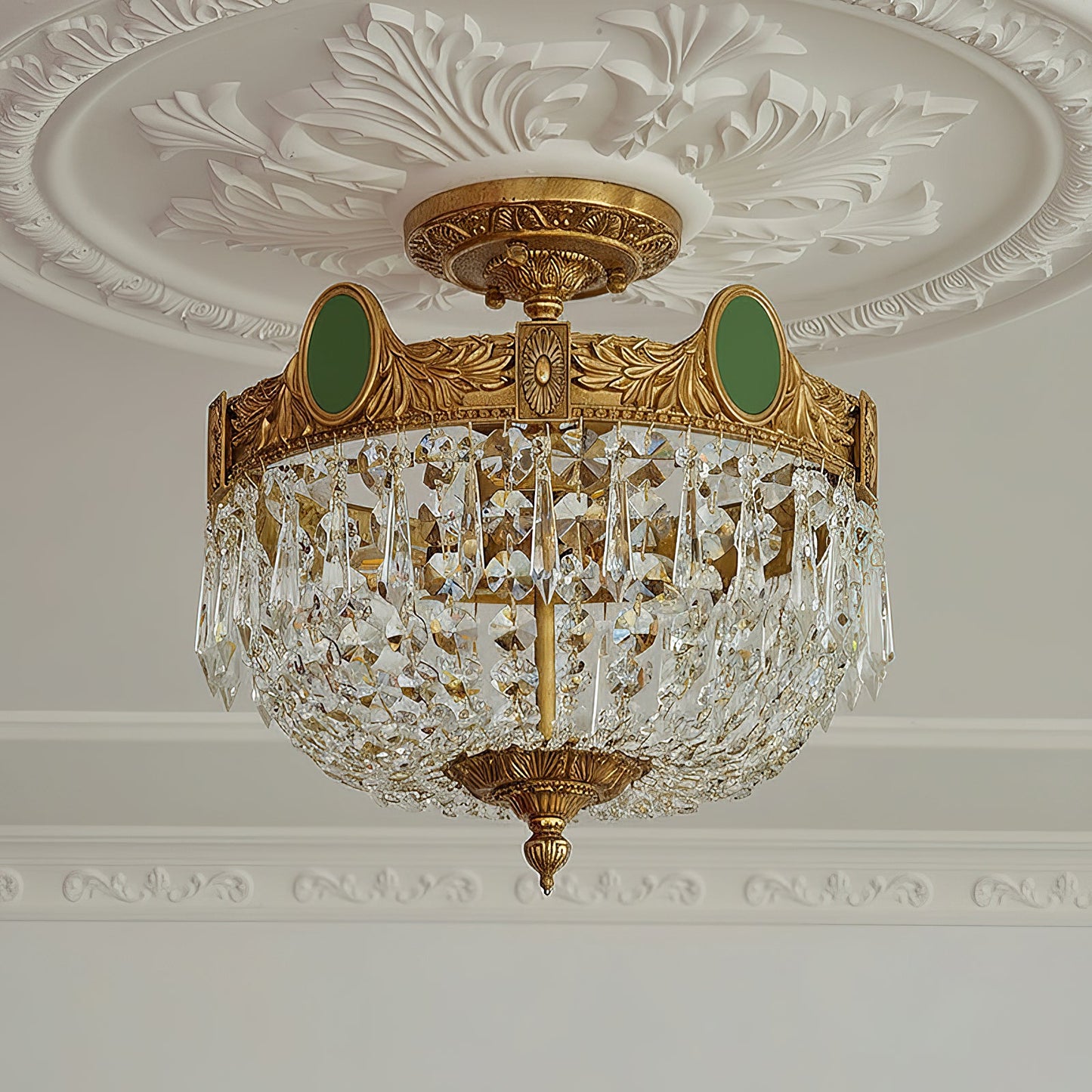 Stinnett Ceiling Lamp - Satin Brass & Crystal Glass 3-Light Flush Mount | Modern Overhead Ceiling Light