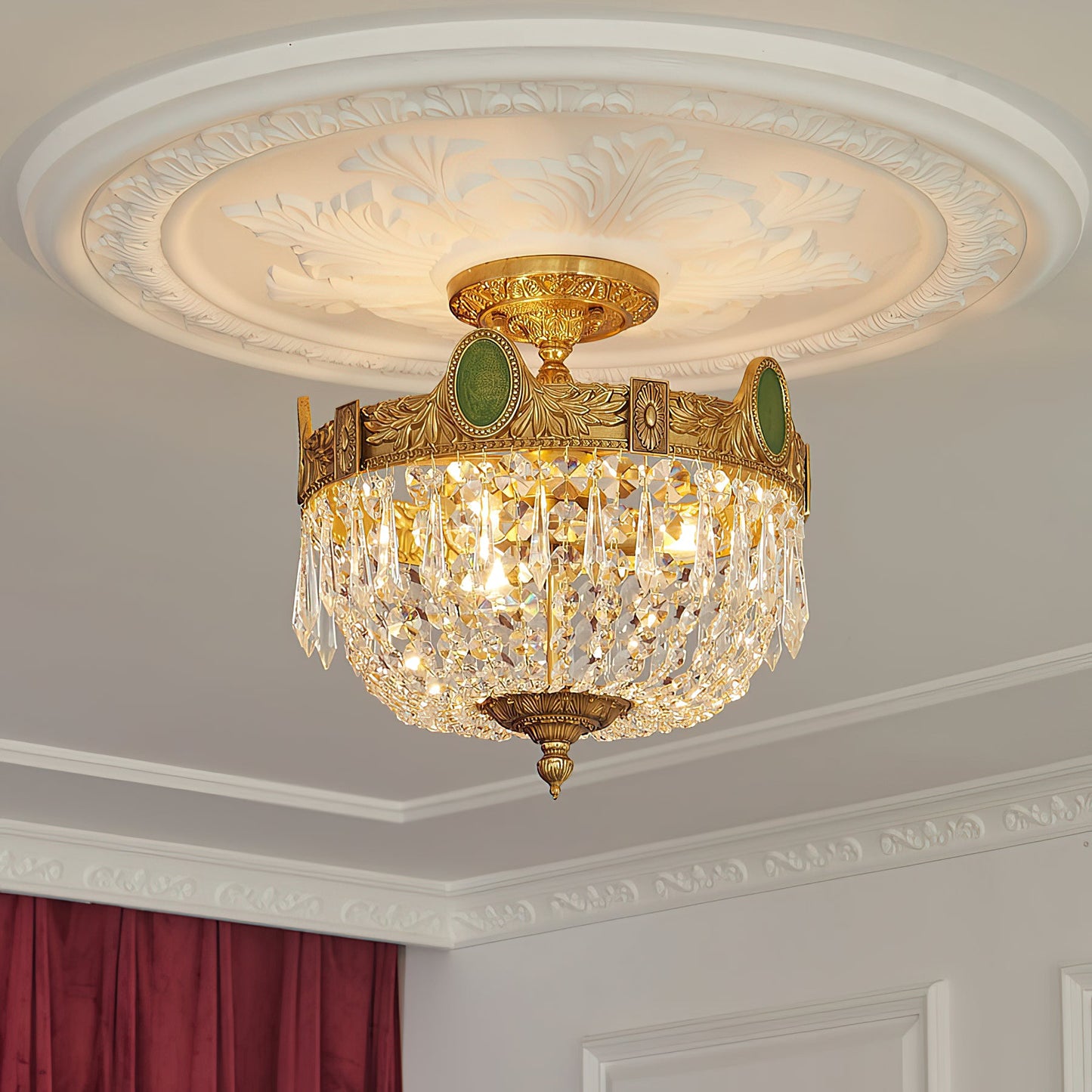 Stinnett Ceiling Lamp - Satin Brass & Crystal Glass 3-Light Flush Mount | Modern Overhead Ceiling Light