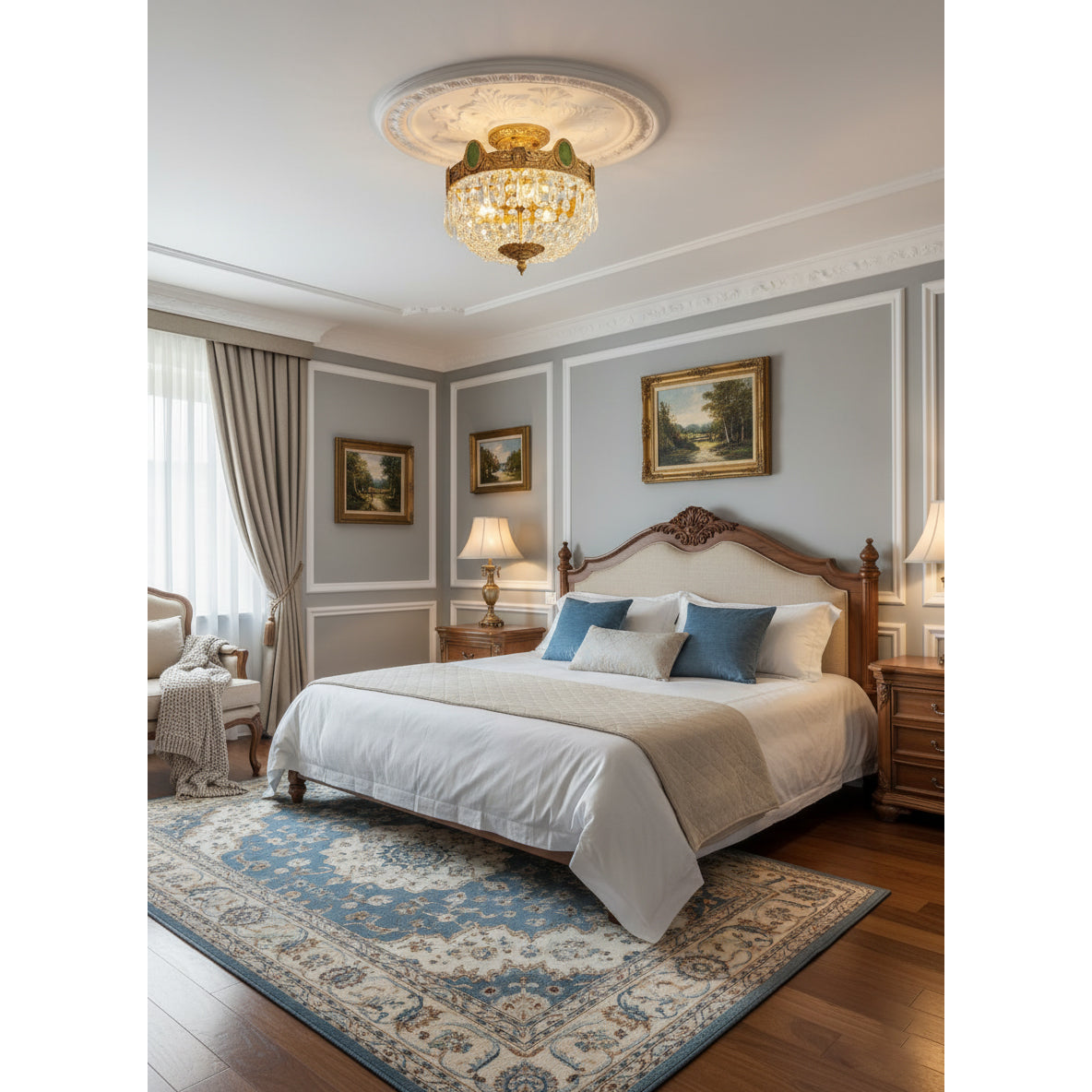 Stinnett Ceiling Lamp - Satin Brass & Crystal Glass 3-Light Flush Mount | Modern Overhead Ceiling Light