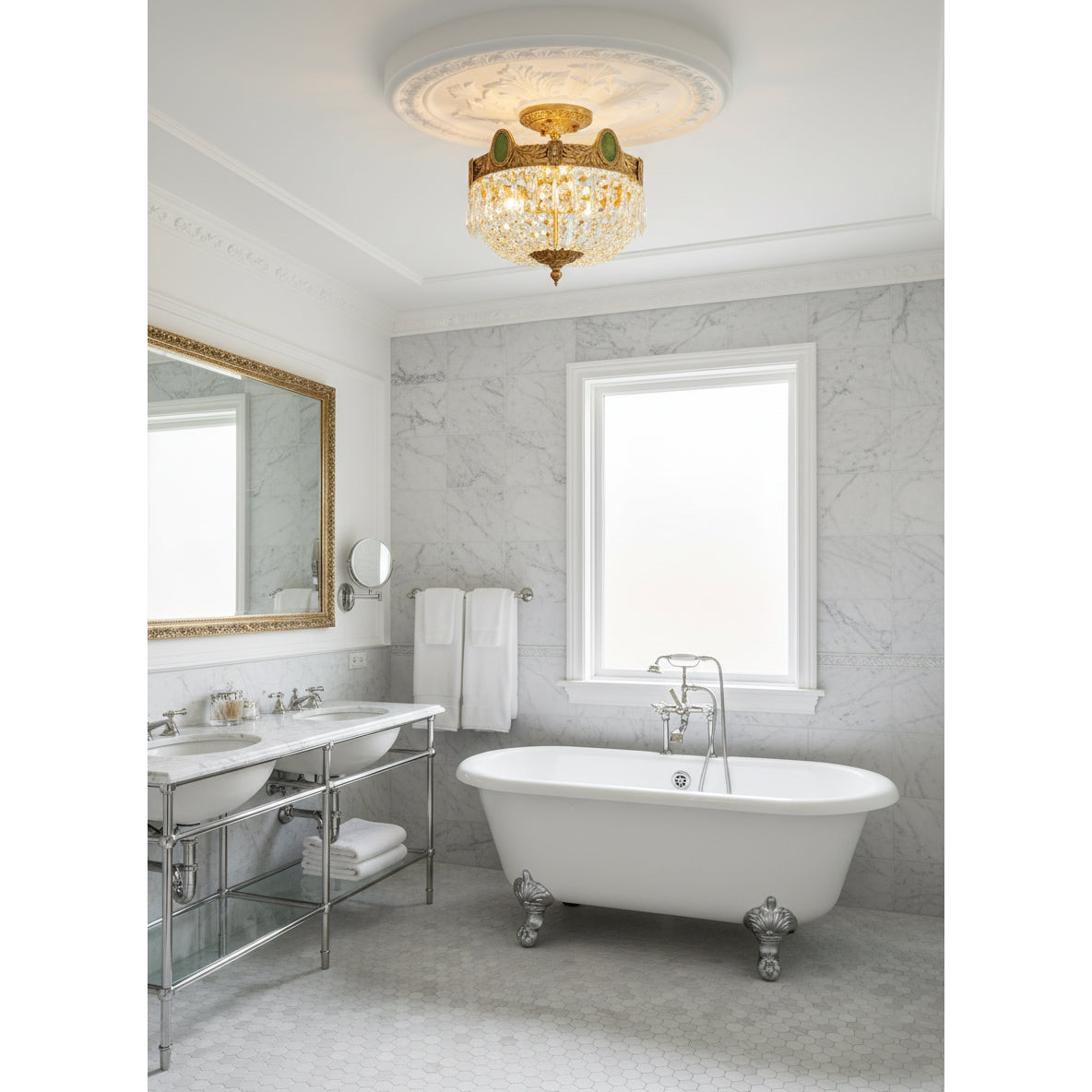 Stinnett Ceiling Lamp - Satin Brass & Crystal Glass 3-Light Flush Mount | Modern Overhead Ceiling Light