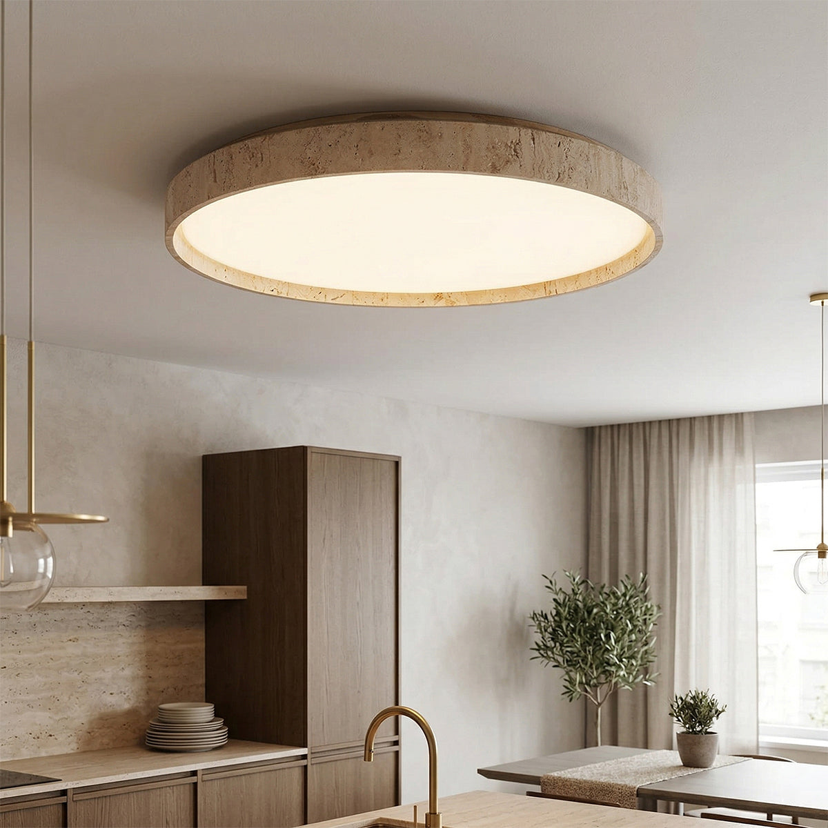 Ultra-thin Round Travertine Ceiling Lamp - Low-Profile Natural Stone Flush Mount Light | Minimalist LED Ceiling Light