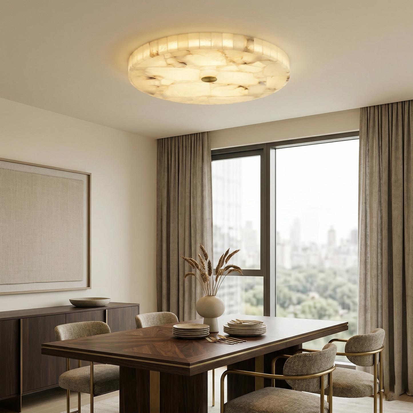 Round Mosaic Alabaster Ceiling Lamp - Genuine Stone & Brass Flush Mount LED | Luxury Modern Organic Lighting