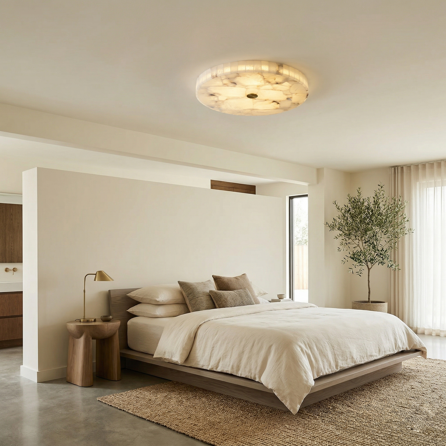 Round Mosaic Alabaster Ceiling Lamp - Genuine Stone & Brass Flush Mount LED | Luxury Modern Organic Lighting
