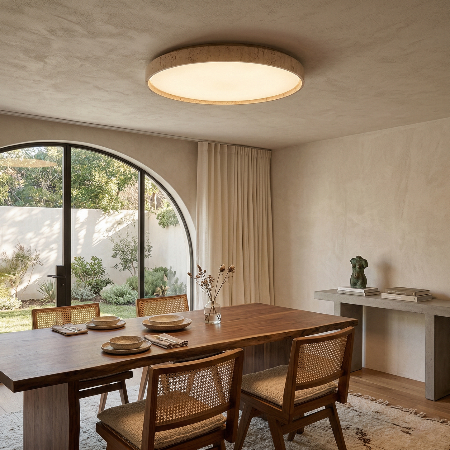 Ultra-thin Round Travertine Ceiling Lamp - Low-Profile Natural Stone Flush Mount Light | Minimalist LED Ceiling Light