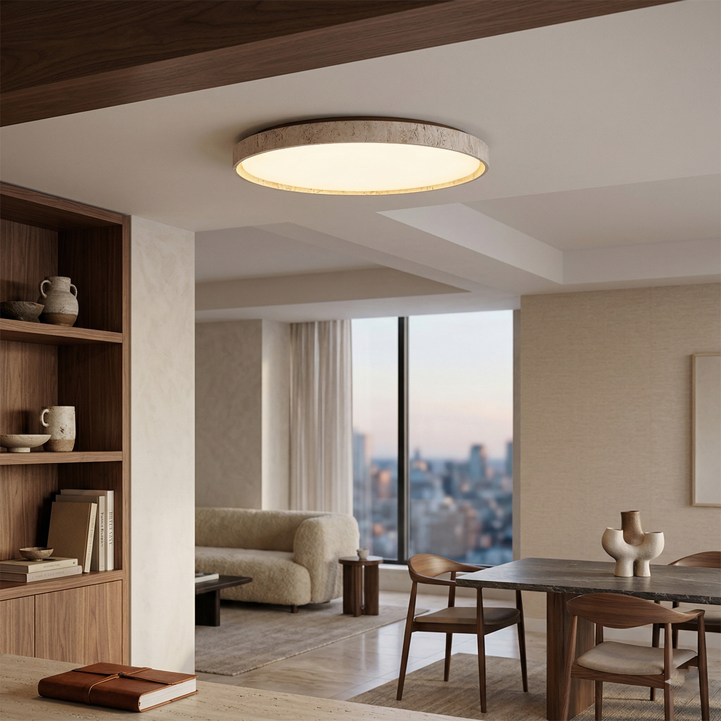 Ultra-thin Round Travertine Ceiling Lamp - Low-Profile Natural Stone Flush Mount Light | Minimalist LED Ceiling Light