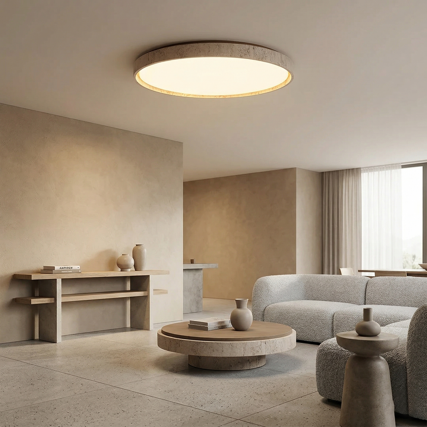 Ultra-thin Round Travertine Ceiling Lamp - Low-Profile Natural Stone Flush Mount Light | Minimalist LED Ceiling Light