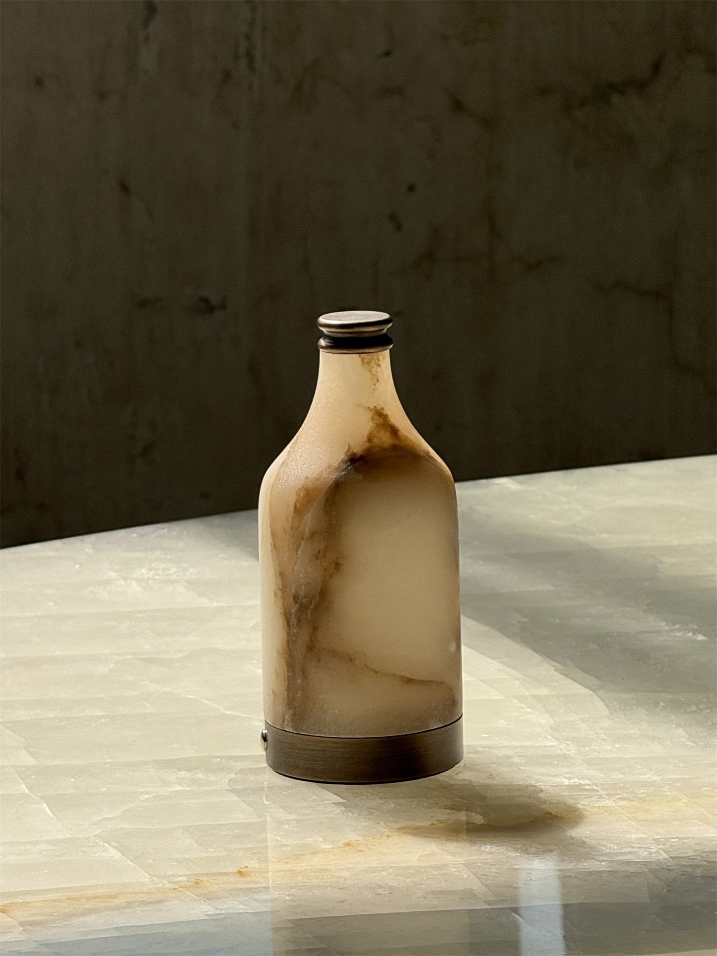 Wine Bottle Alabaster Table Lamp - Rechargeable Cordless LED Light | Luxury Natural Stone Bedside Lamp | USB Charging Base
