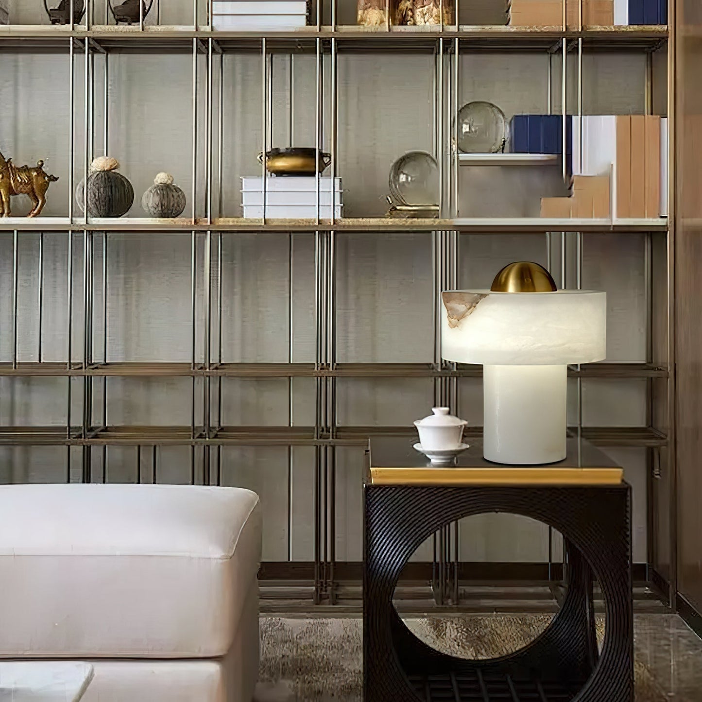 Stone Alabaster Table Light - Solid Alabaster & Brass Accent Lamp | Modern Translucent Stone Desk Light
