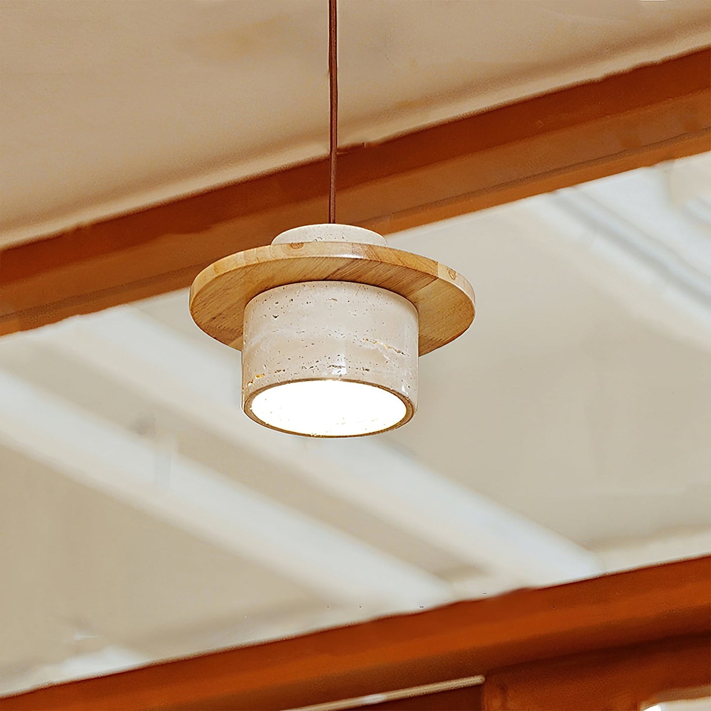 Stonova Duo Pendant Lamp - Natural Travertine Stone & Warm Wood Pendant Light | Modern Organic Hanging Accent Light
