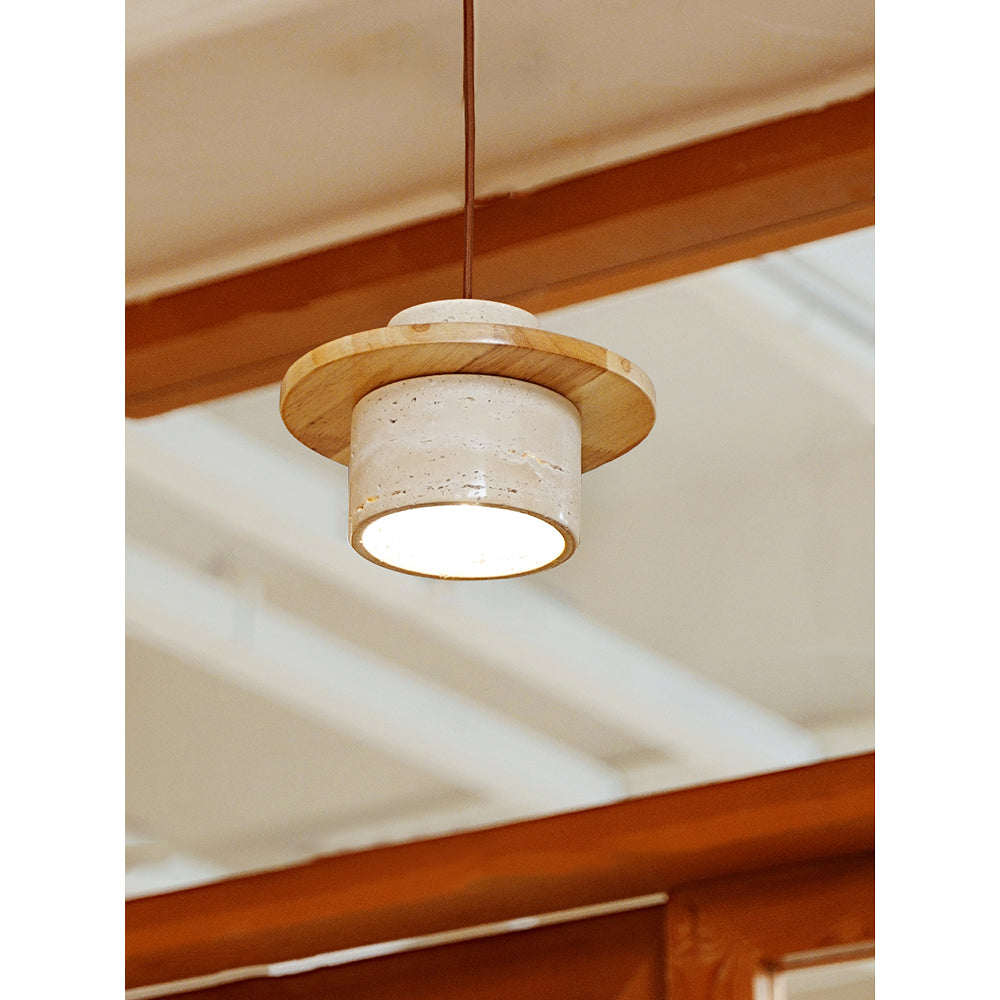 Stonova Duo Pendant Lamp - Natural Travertine Stone & Warm Wood Pendant Light | Modern Organic Hanging Accent Light