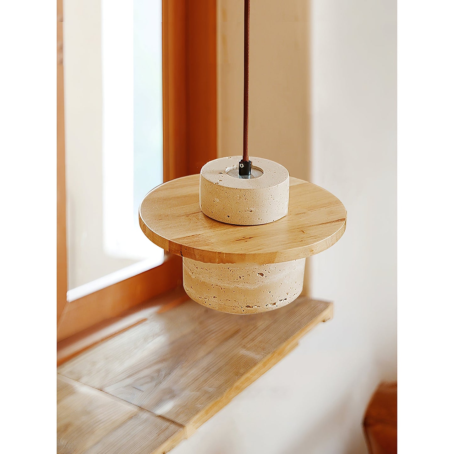 Stonova Duo Pendant Lamp - Natural Travertine Stone & Warm Wood Pendant Light | Modern Organic Hanging Accent Light