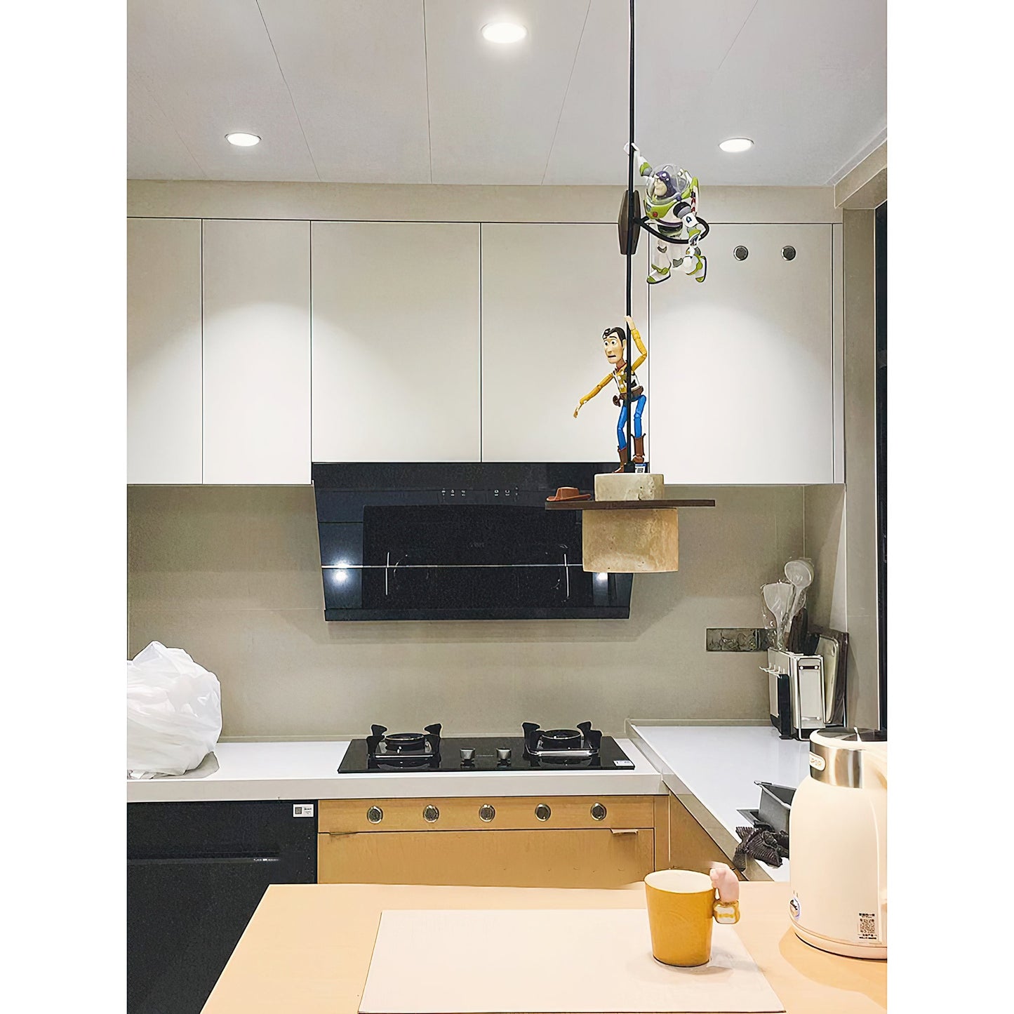 Stonova Duo Pendant Lamp - Natural Travertine Stone & Warm Wood Pendant Light | Modern Organic Hanging Accent Light