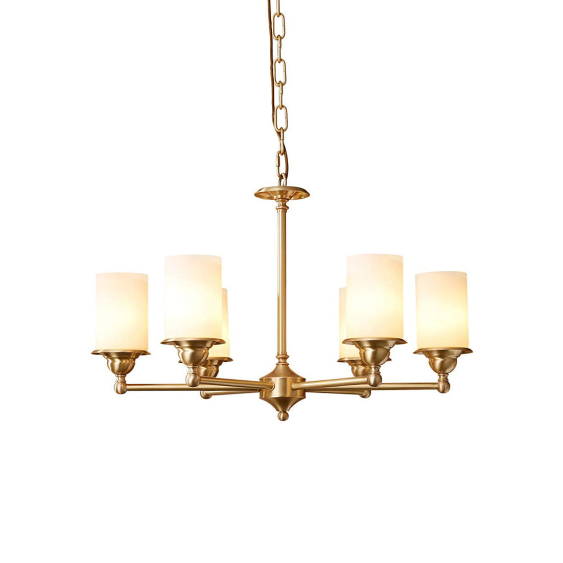 Stratton Chandelier - Satin Brass & White Glass Cylinder Pendant | Modernist Architecture Multi-Light Chandelier