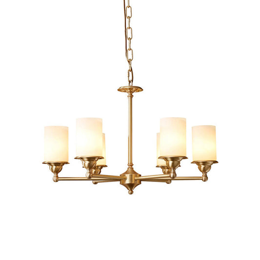 Stratton Chandelier - Satin Brass & White Glass Cylinder Pendant | Modernist Architecture Multi-Light Chandelier