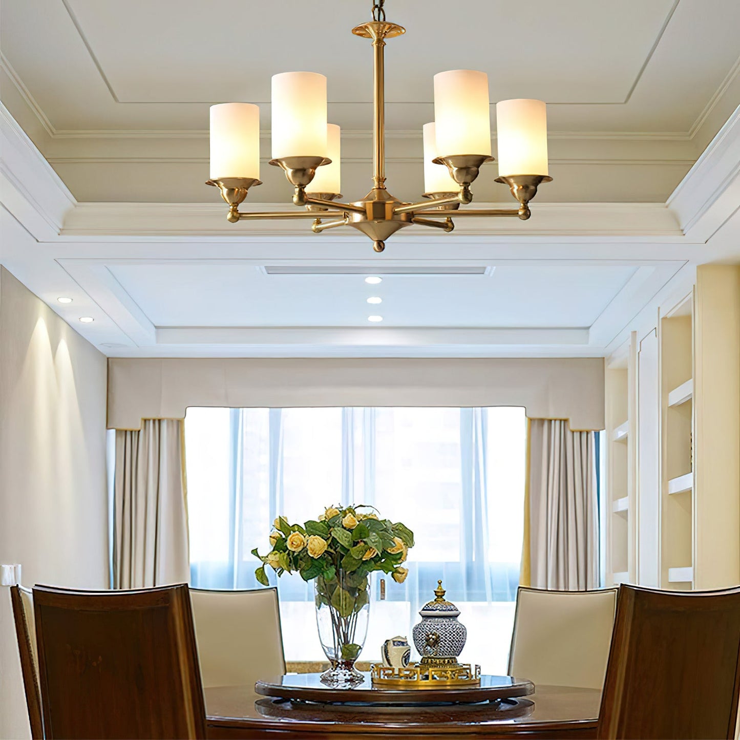 Stratton Chandelier - Satin Brass & White Glass Cylinder Pendant | Modernist Architecture Multi-Light Chandelier