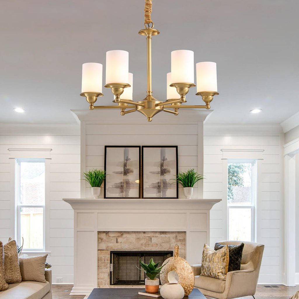 Stratton Chandelier - Satin Brass & White Glass Cylinder Pendant | Modernist Architecture Multi-Light Chandelier