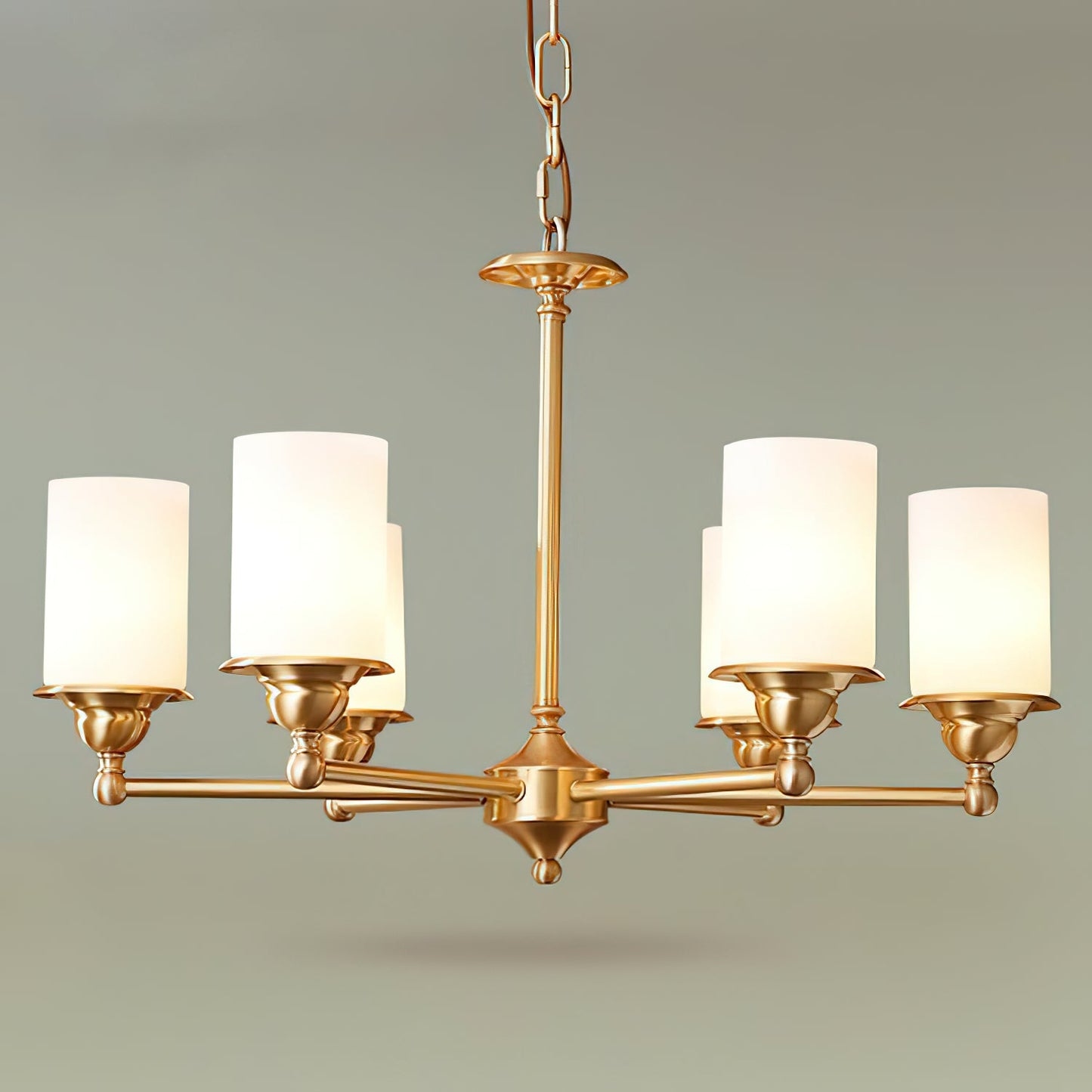 Stratton Chandelier - Satin Brass & White Glass Cylinder Pendant | Modernist Architecture Multi-Light Chandelier