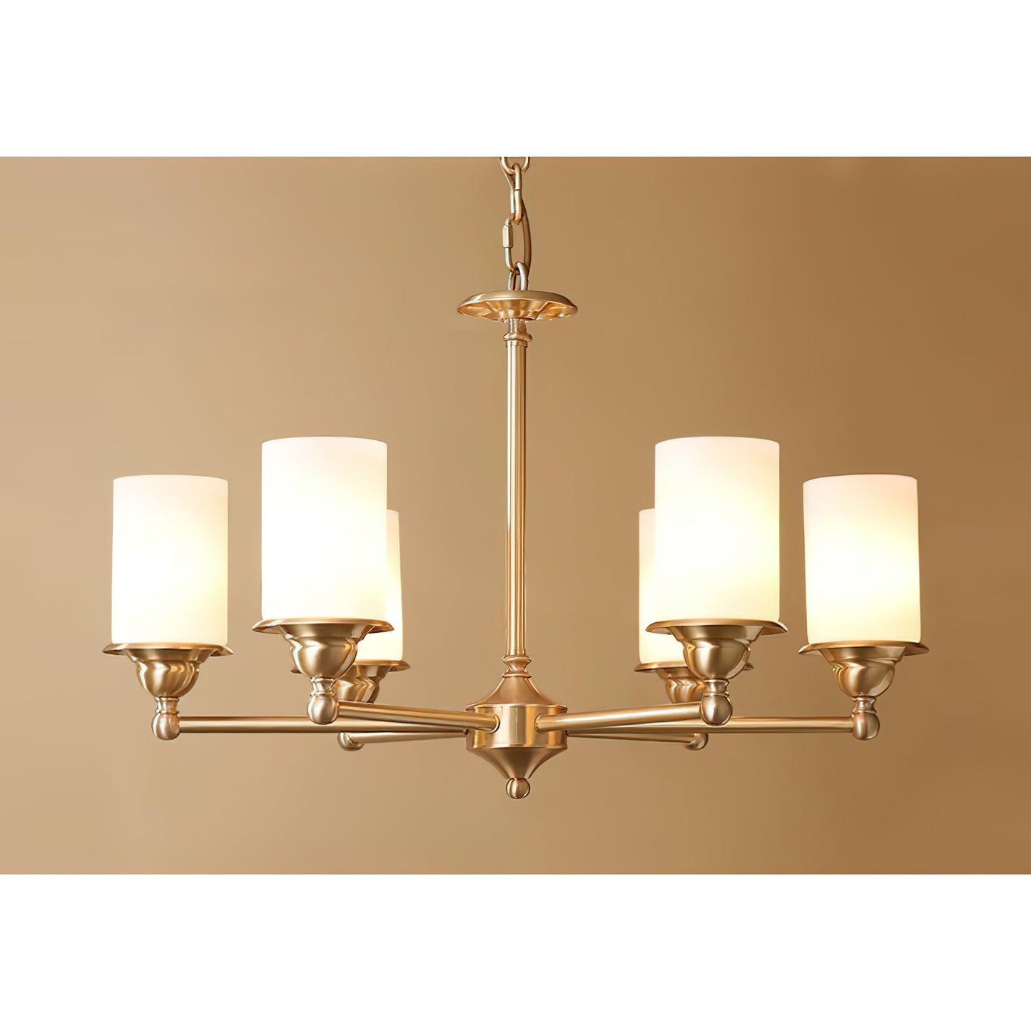Stratton Chandelier - Satin Brass & White Glass Cylinder Pendant | Modernist Architecture Multi-Light Chandelier