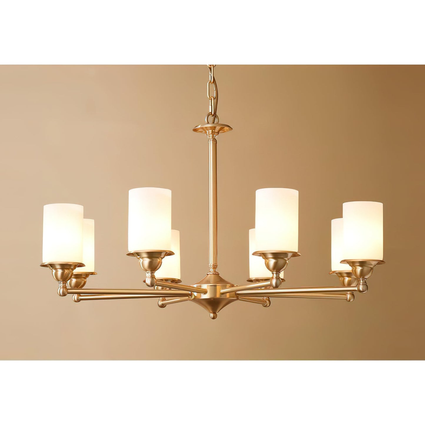 Stratton Chandelier - Satin Brass & White Glass Cylinder Pendant | Modernist Architecture Multi-Light Chandelier