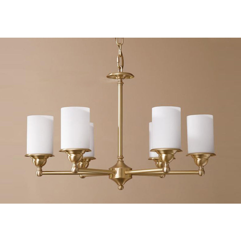 Stratton Chandelier - Satin Brass & White Glass Cylinder Pendant | Modernist Architecture Multi-Light Chandelier
