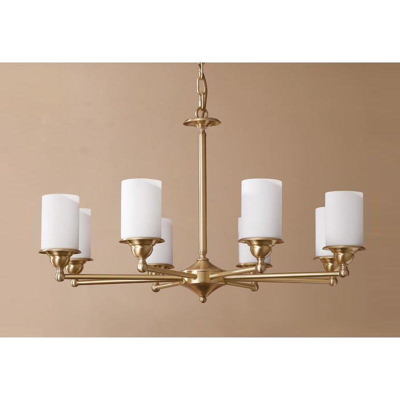 Stratton Chandelier - Satin Brass & White Glass Cylinder Pendant | Modernist Architecture Multi-Light Chandelier