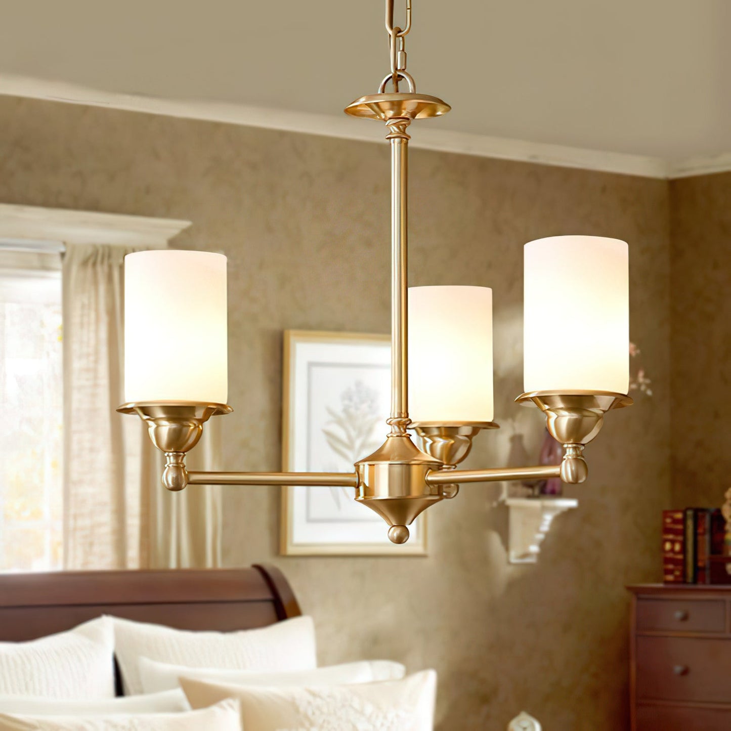 Stratton Chandelier - Satin Brass & White Glass Cylinder Pendant | Modernist Architecture Multi-Light Chandelier
