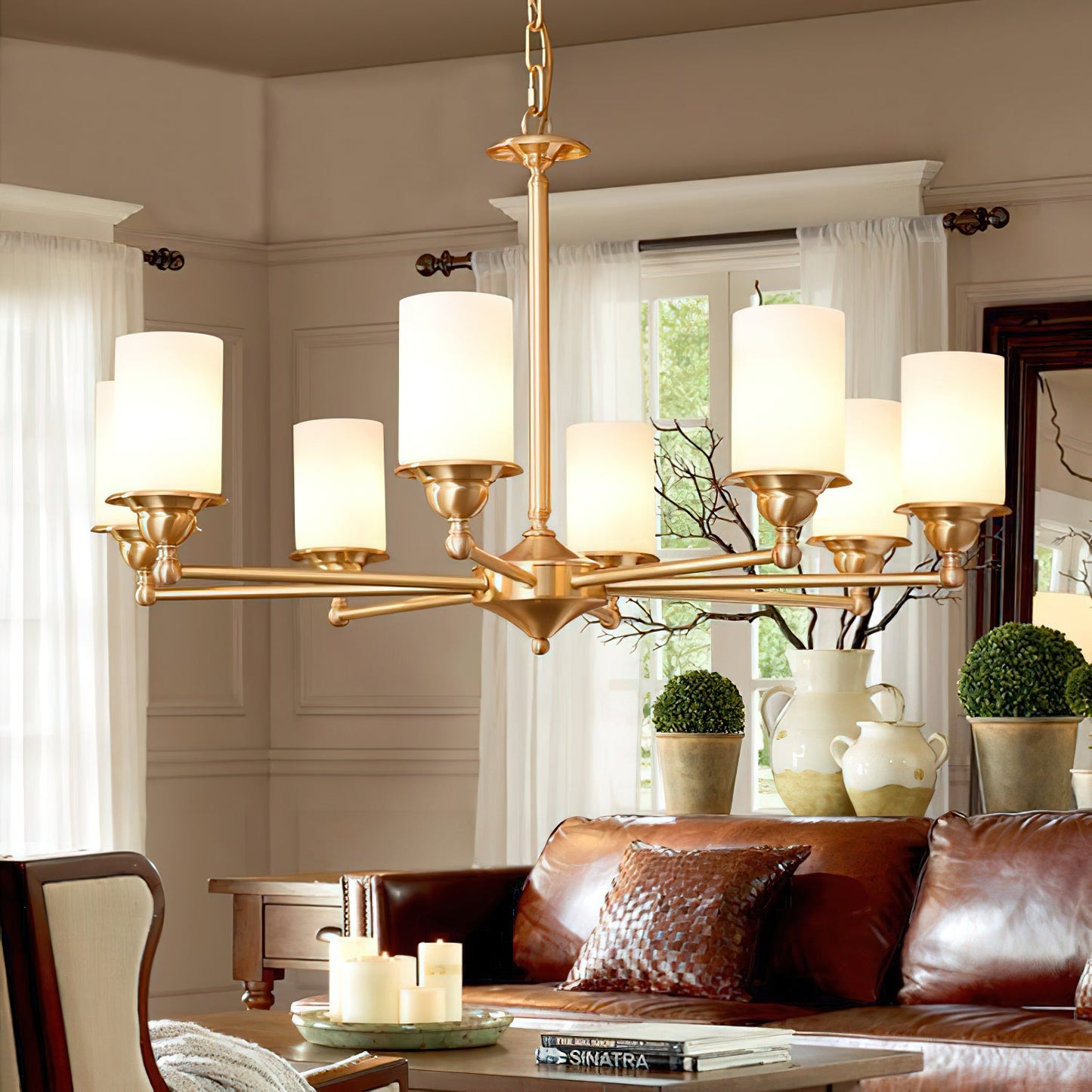 Stratton Chandelier - Satin Brass & White Glass Cylinder Pendant | Modernist Architecture Multi-Light Chandelier