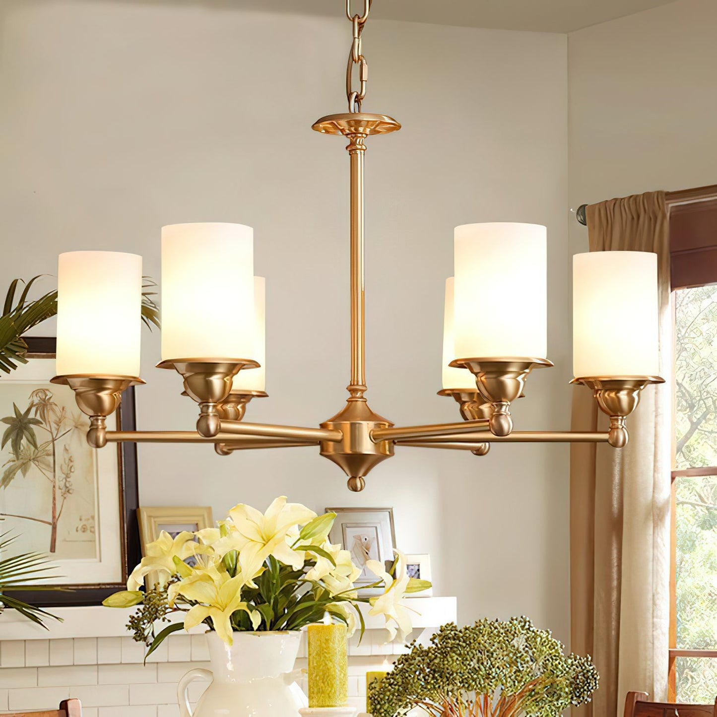 Stratton Chandelier - Satin Brass & White Glass Cylinder Pendant | Modernist Architecture Multi-Light Chandelier