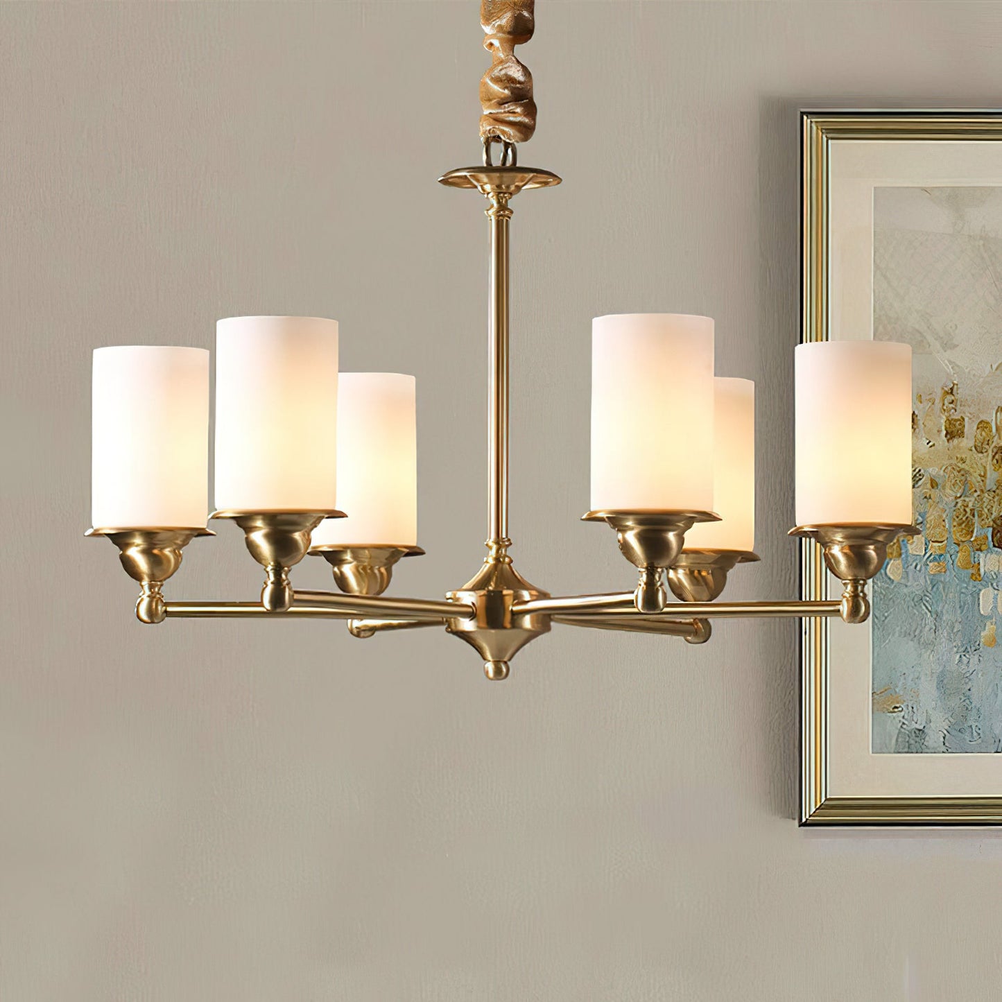 Stratton Chandelier - Satin Brass & White Glass Cylinder Pendant | Modernist Architecture Multi-Light Chandelier