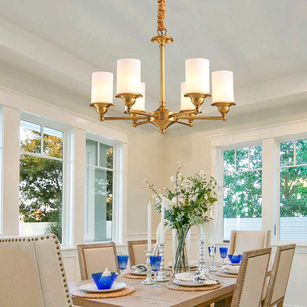 Stratton Chandelier - Satin Brass & White Glass Cylinder Pendant | Modernist Architecture Multi-Light Chandelier