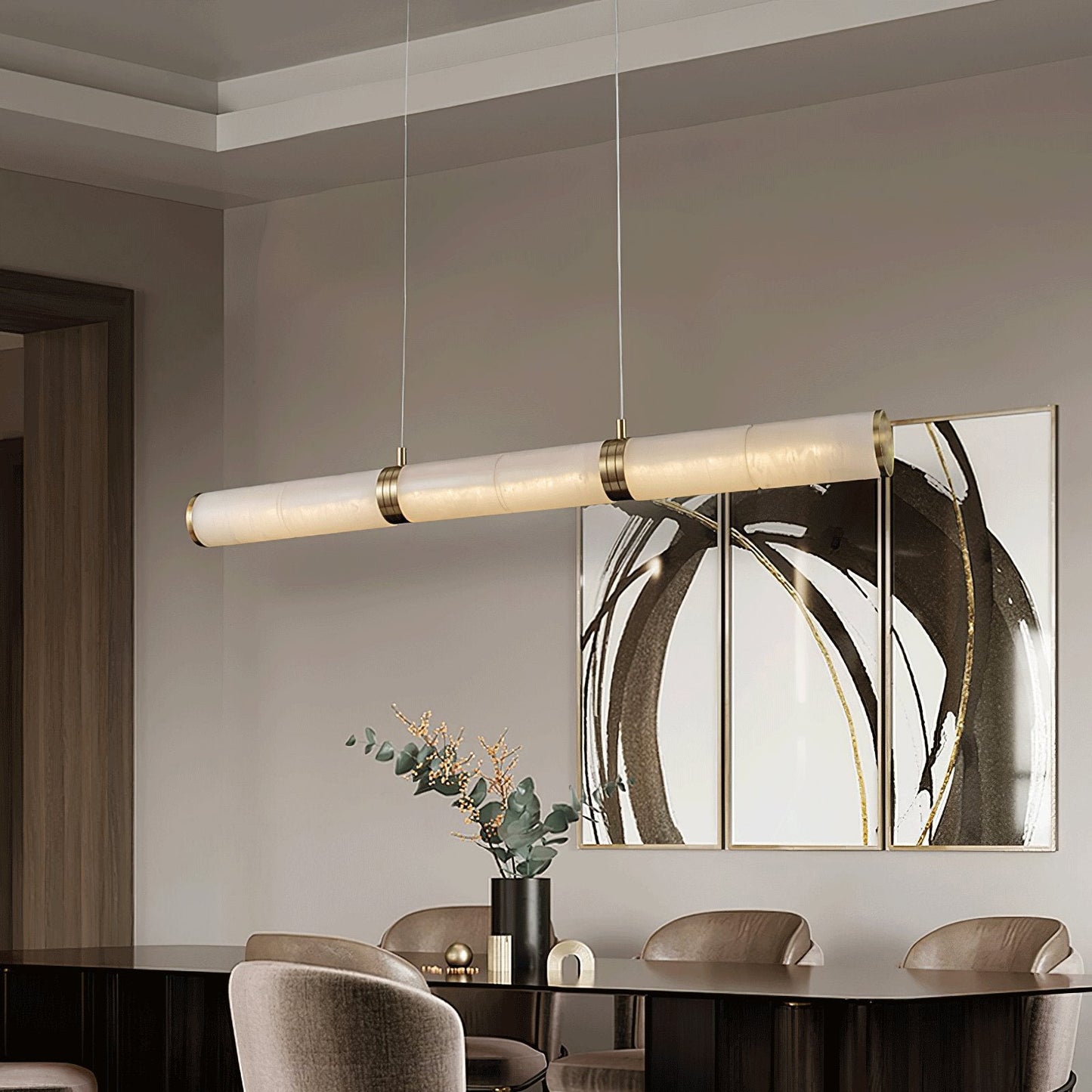 Stream Alabaster Pendant Light - Linear Brass & Translucent Stone Bar | Modern Natural Alabaster Kitchen Island Light