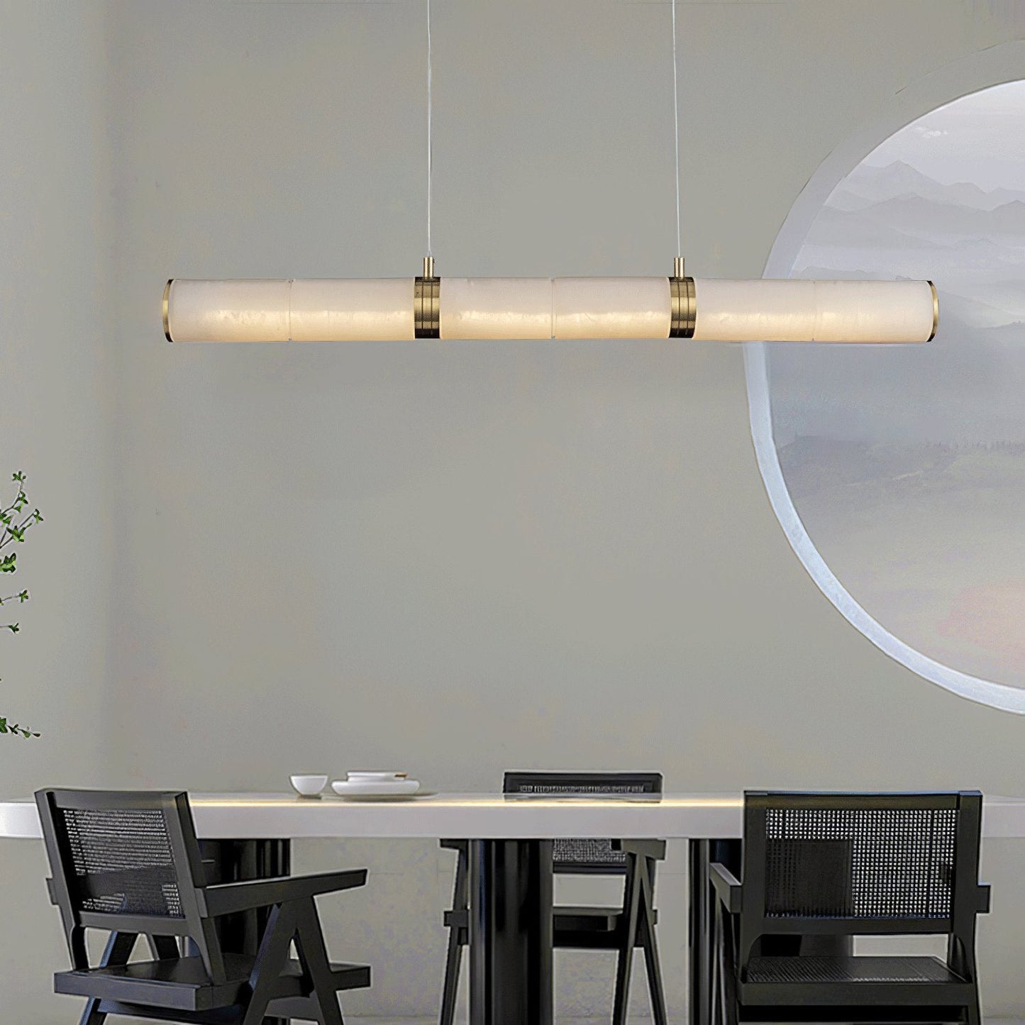 Stream Alabaster Pendant Light - Linear Brass & Translucent Stone Bar | Modern Natural Alabaster Kitchen Island Light