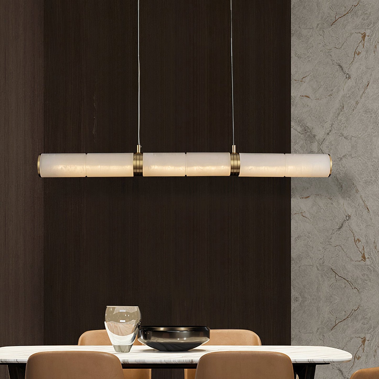 Stream Alabaster Pendant Light - Linear Brass & Translucent Stone Bar | Modern Natural Alabaster Kitchen Island Light