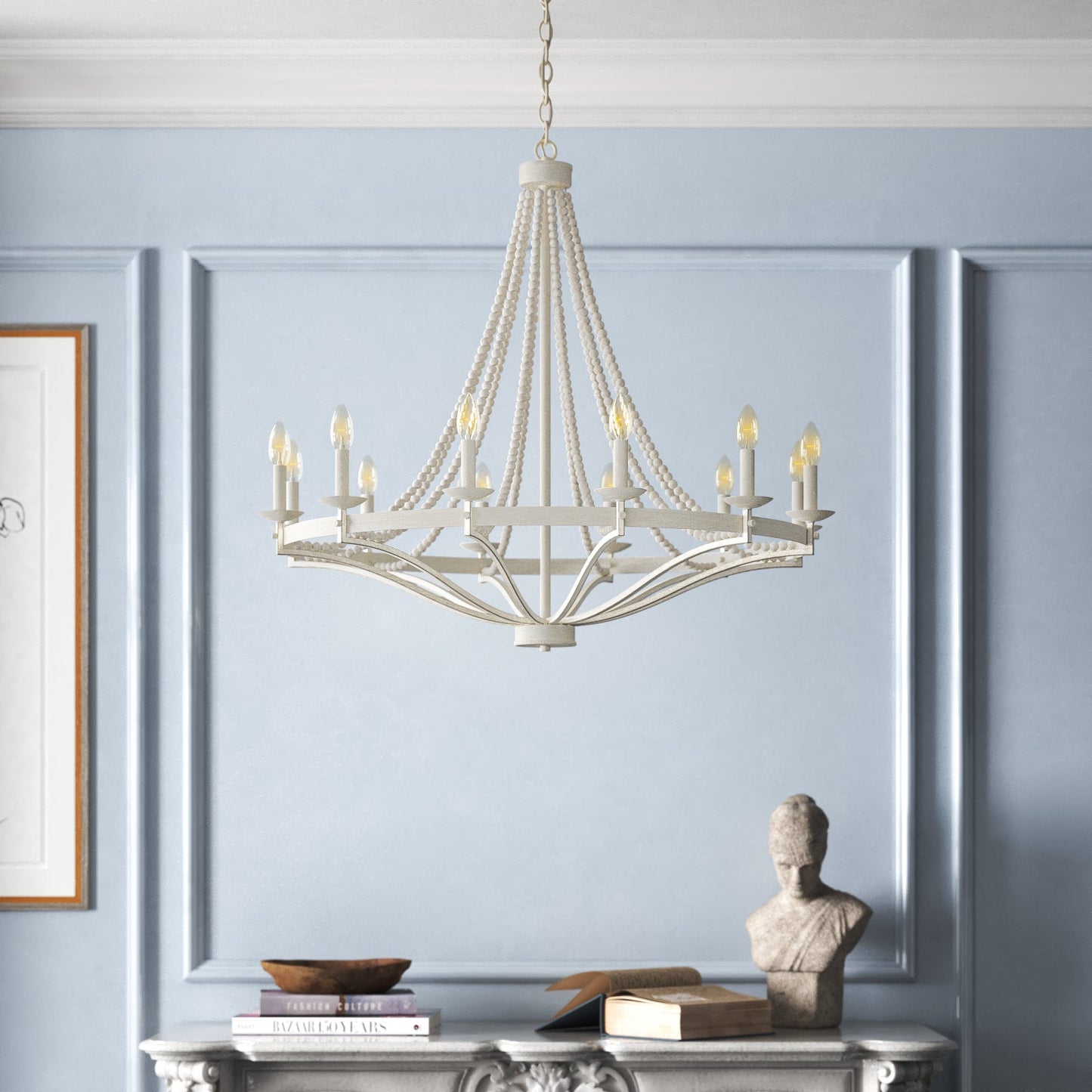 Streator Chandelier - Coastal Wood Beaded Wagon Wheel Pendant Light | Modern Farmhouse Multi-Light Chandelier