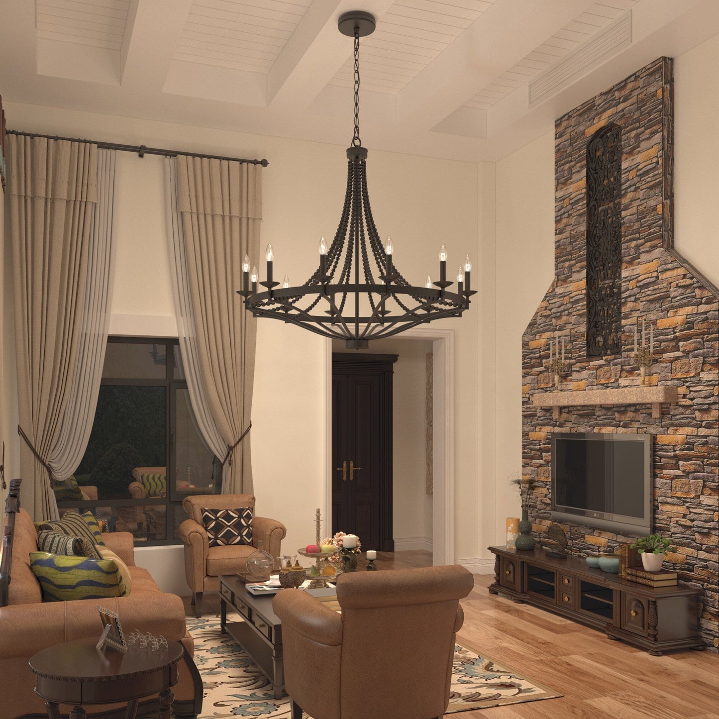 Streator Chandelier - Coastal Wood Beaded Wagon Wheel Pendant Light | Modern Farmhouse Multi-Light Chandelier