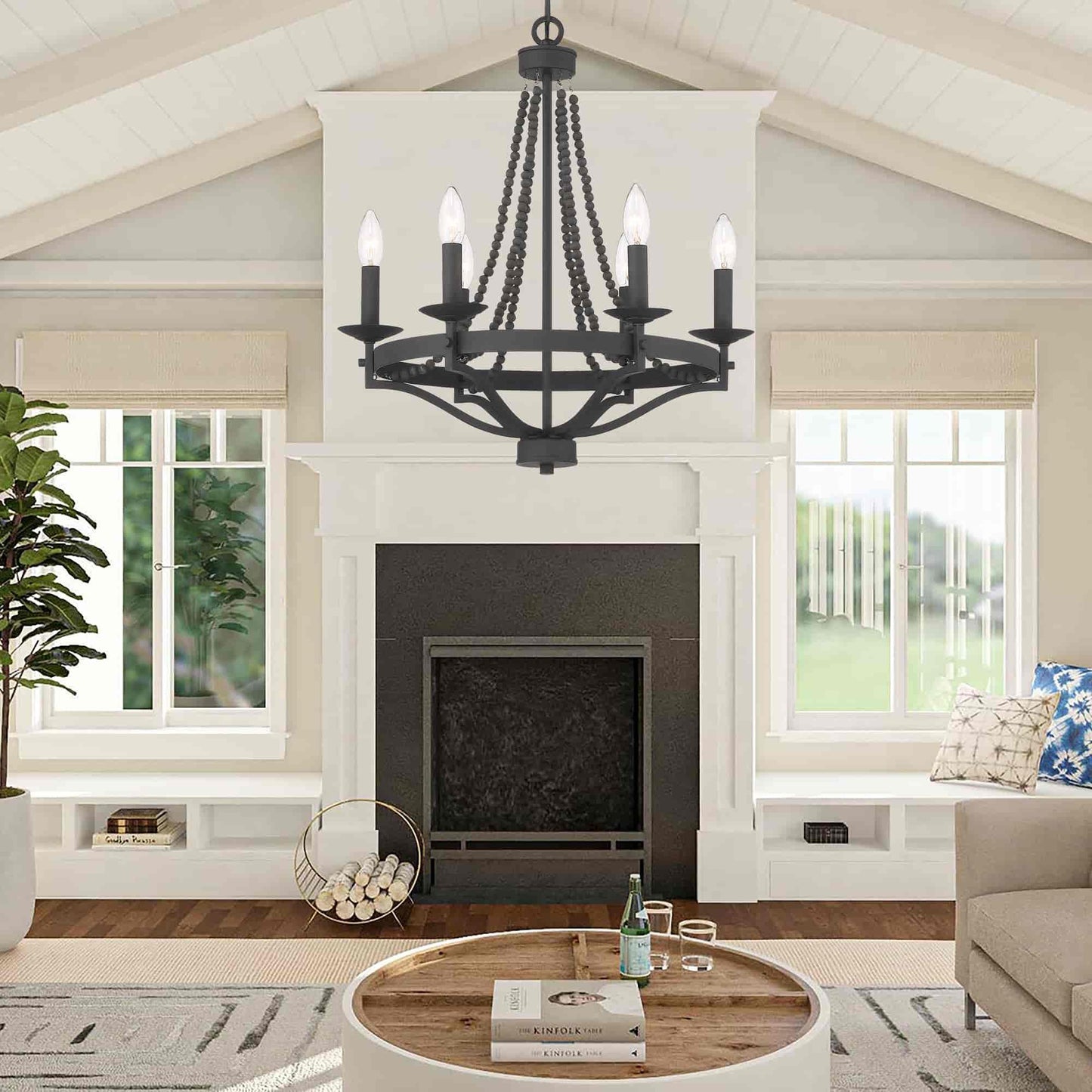 Streator Chandelier - Coastal Wood Beaded Wagon Wheel Pendant Light | Modern Farmhouse Multi-Light Chandelier