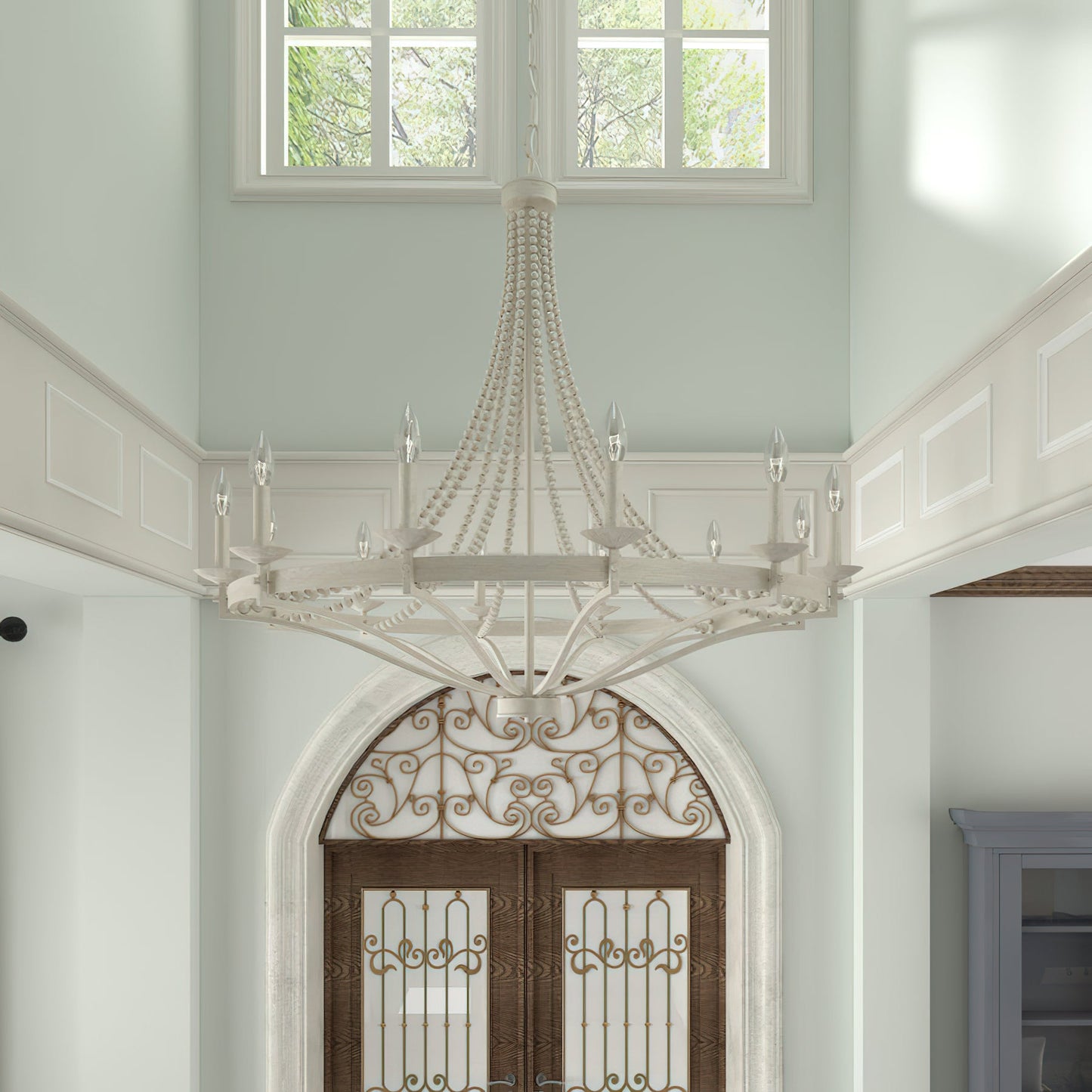 Streator Chandelier - Coastal Wood Beaded Wagon Wheel Pendant Light | Modern Farmhouse Multi-Light Chandelier
