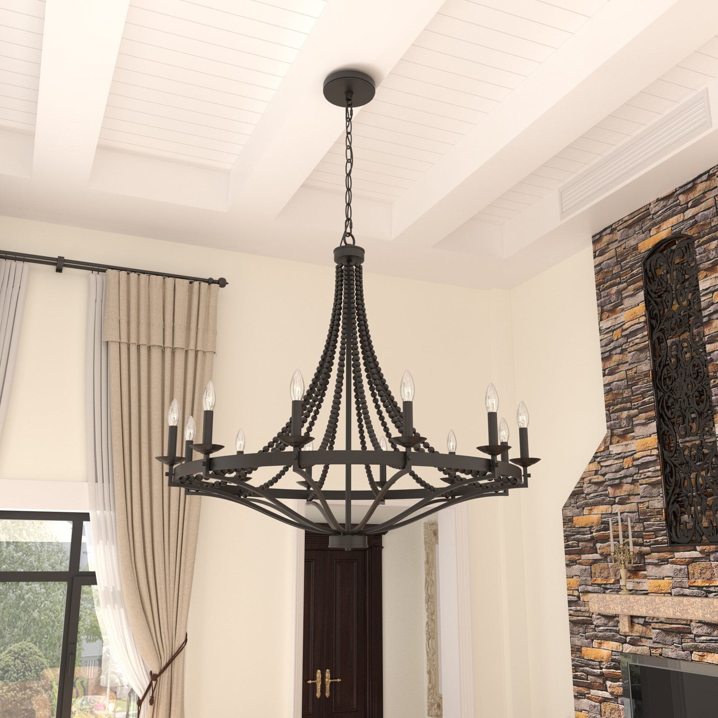 Streator Chandelier - Coastal Wood Beaded Wagon Wheel Pendant Light | Modern Farmhouse Multi-Light Chandelier