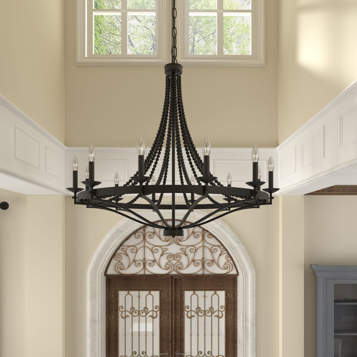 Streator Chandelier - Coastal Wood Beaded Wagon Wheel Pendant Light | Modern Farmhouse Multi-Light Chandelier