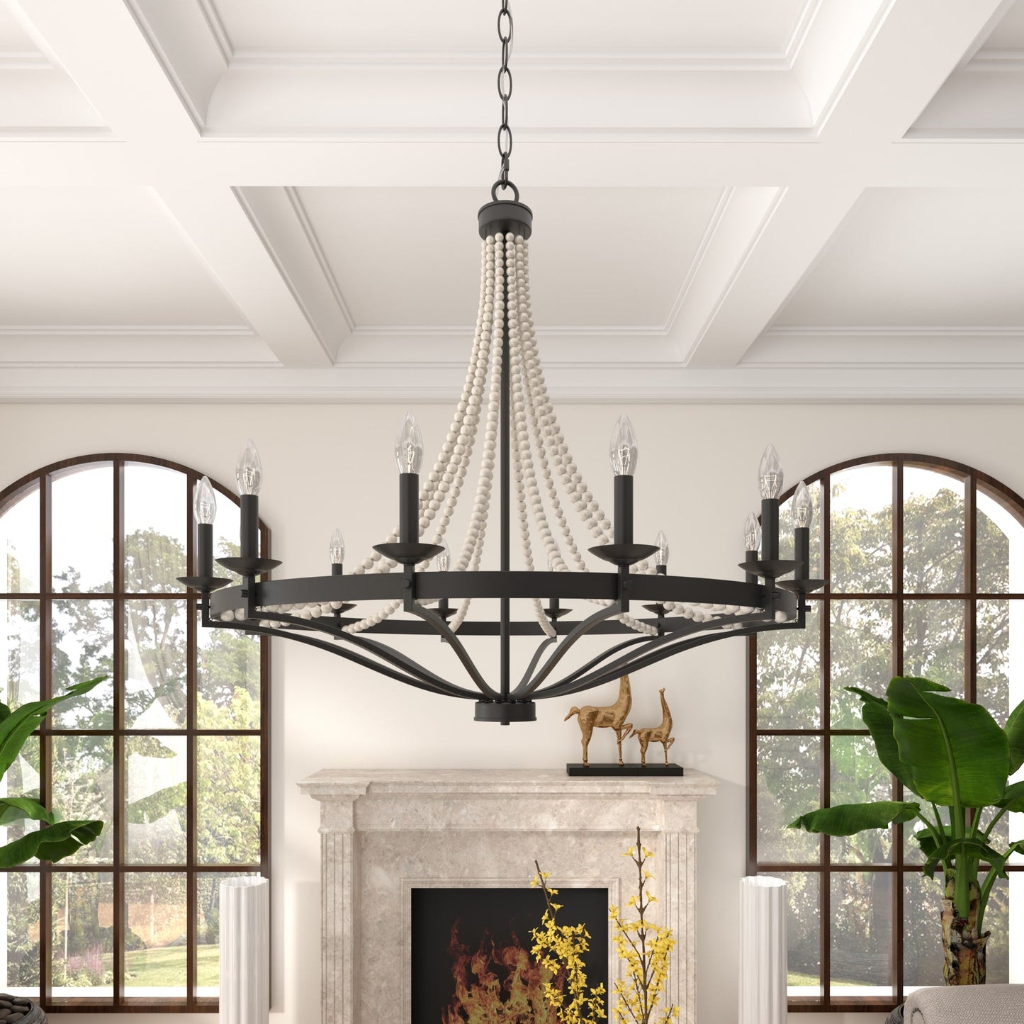 Streator Chandelier - Coastal Wood Beaded Wagon Wheel Pendant Light | Modern Farmhouse Multi-Light Chandelier