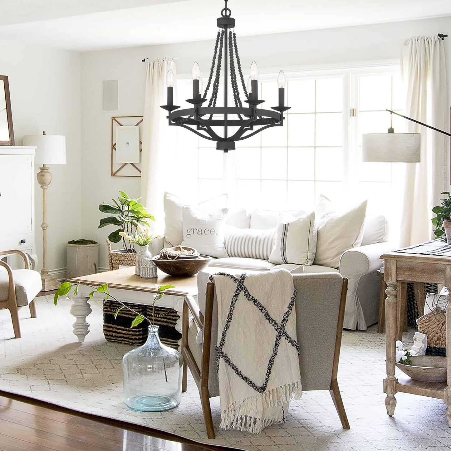 Streator Chandelier - Coastal Wood Beaded Wagon Wheel Pendant Light | Modern Farmhouse Multi-Light Chandelier