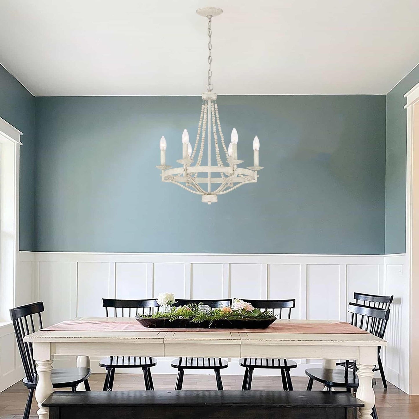 Streator Chandelier - Coastal Wood Beaded Wagon Wheel Pendant Light | Modern Farmhouse Multi-Light Chandelier