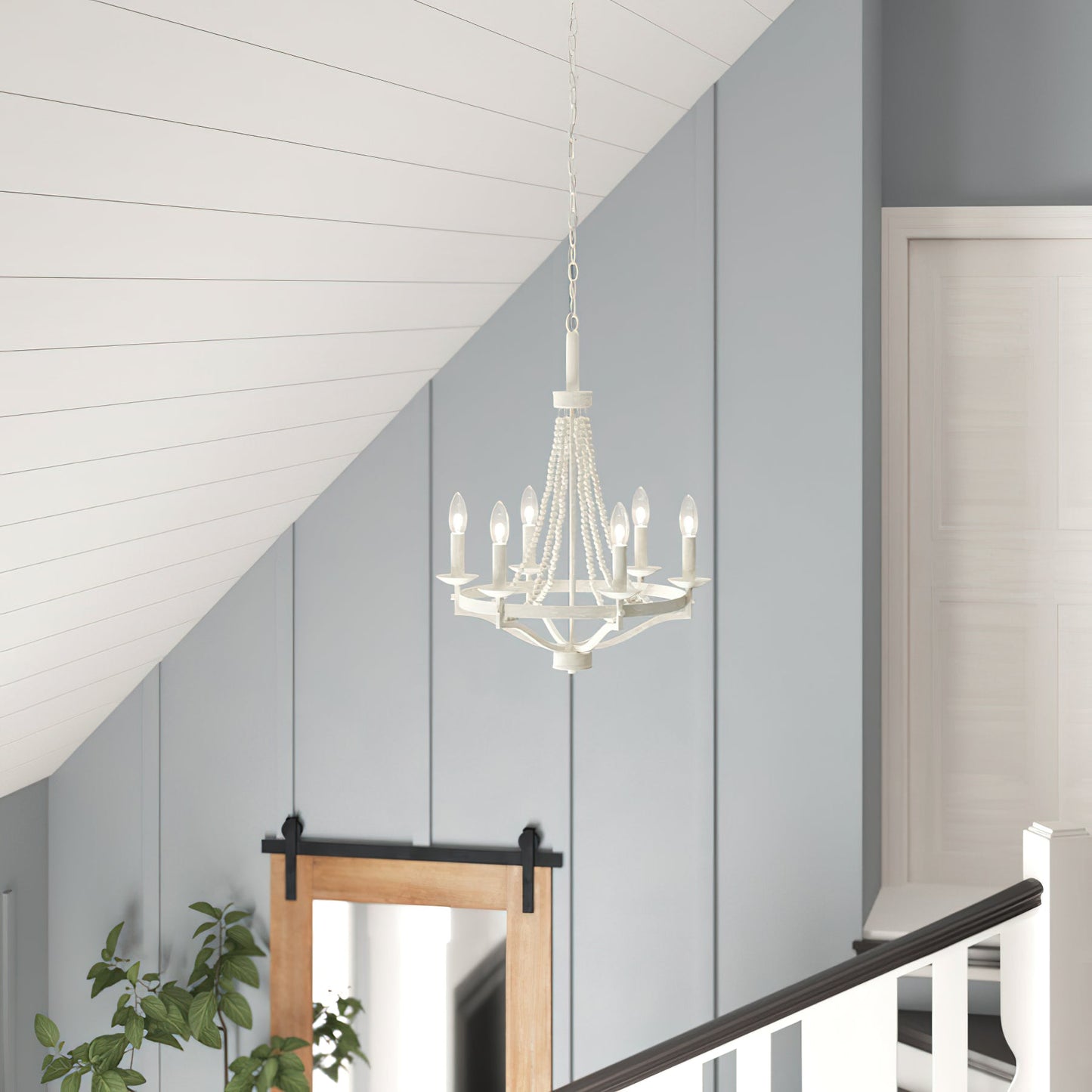 Streator Chandelier - Coastal Wood Beaded Wagon Wheel Pendant Light | Modern Farmhouse Multi-Light Chandelier