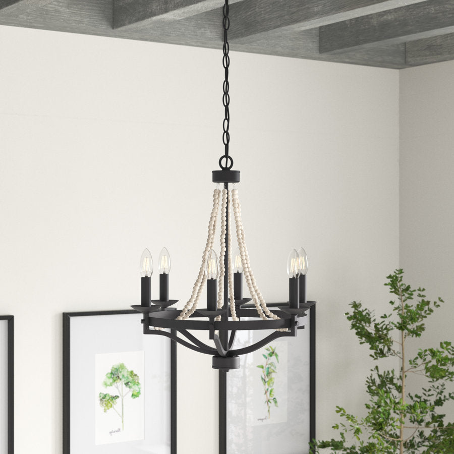 Streator Chandelier - Coastal Wood Beaded Wagon Wheel Pendant Light | Modern Farmhouse Multi-Light Chandelier
