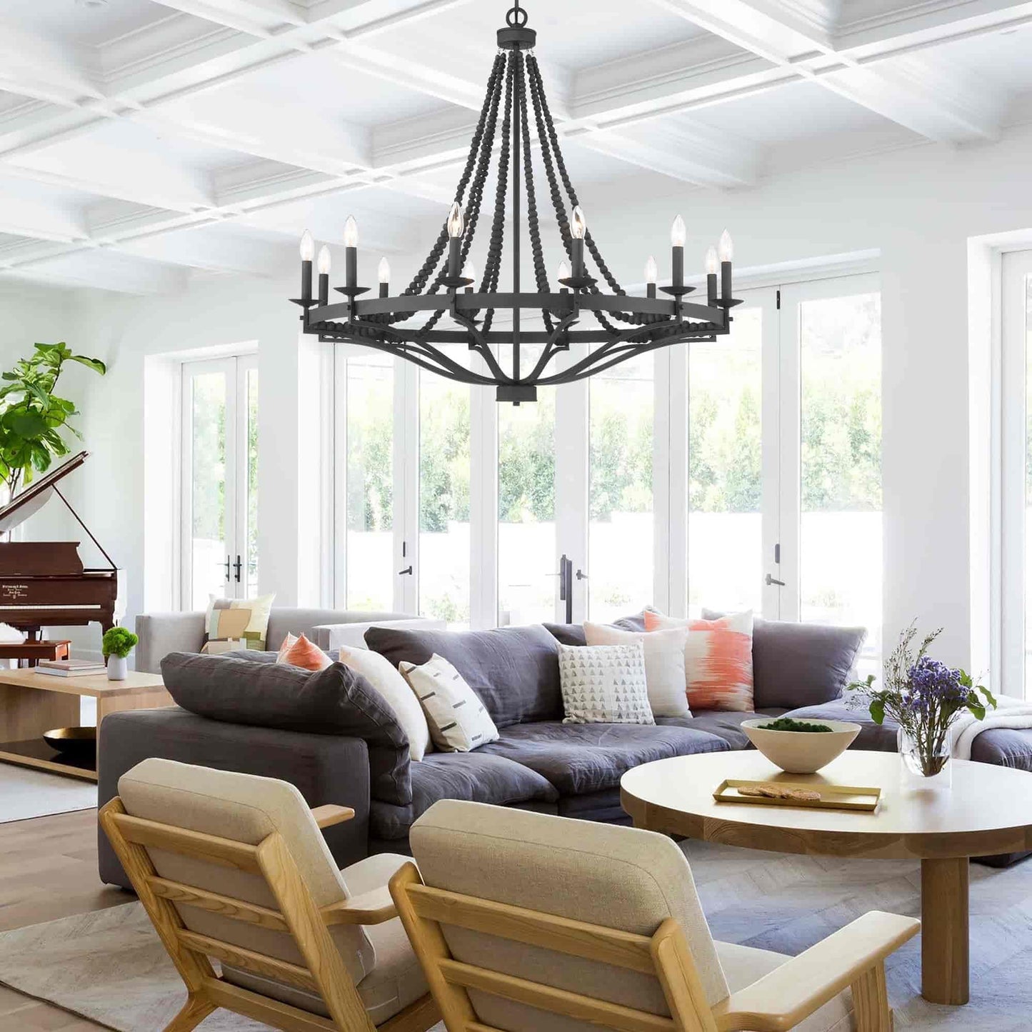 Streator Chandelier - Coastal Wood Beaded Wagon Wheel Pendant Light | Modern Farmhouse Multi-Light Chandelier