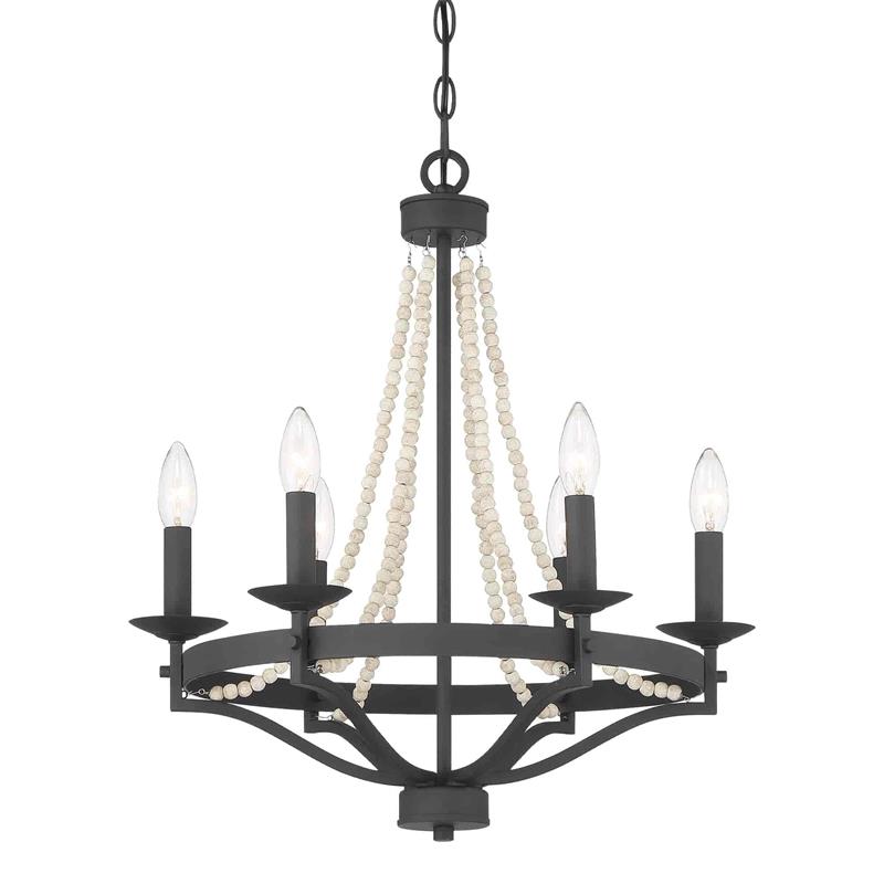 Streator Chandelier - Coastal Wood Beaded Wagon Wheel Pendant Light | Modern Farmhouse Multi-Light Chandelier