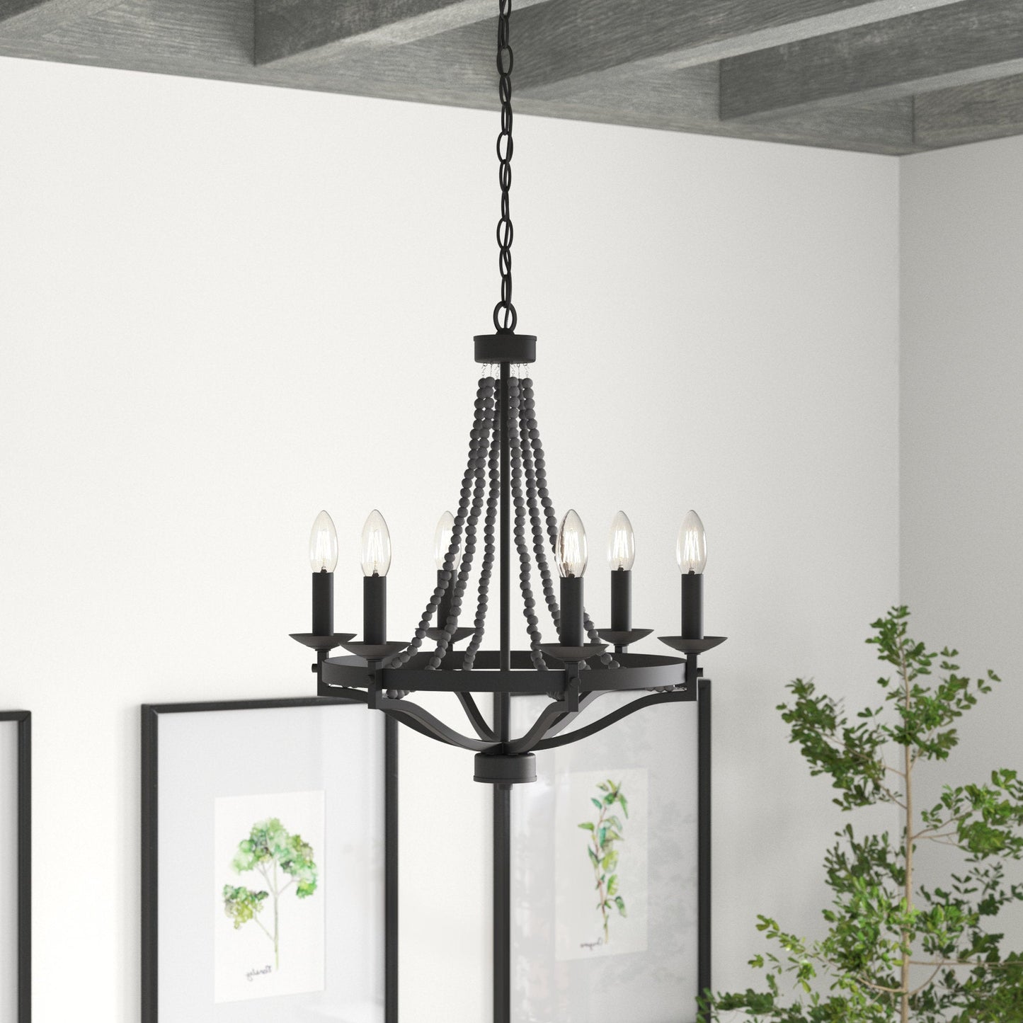 Streator Chandelier - Coastal Wood Beaded Wagon Wheel Pendant Light | Modern Farmhouse Multi-Light Chandelier